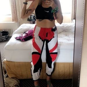 Red black and white motocross style joggers